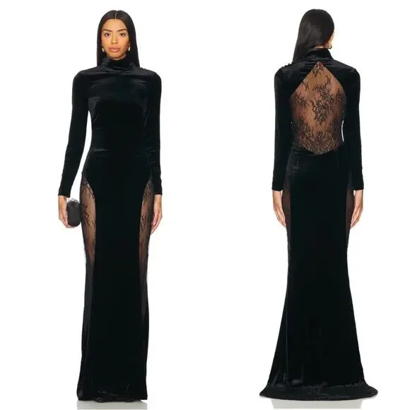 Retrofete Amor Velvet Lace High Neck Sheer Long Sleeve Black Maxi Dress  Size XS